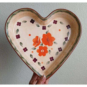 VTG Heart Dish,Tuscan Floral Large 10×9×2 Inch Terra Cotta , Orange Flowers